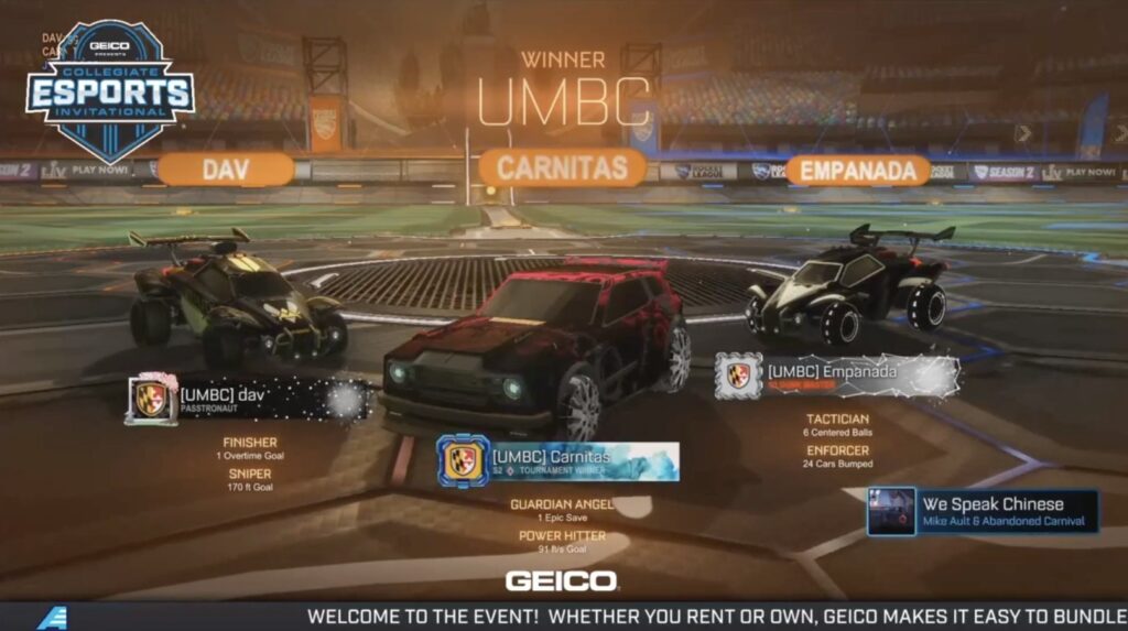 Screenshot of the winner screen from the videogame Rocket League